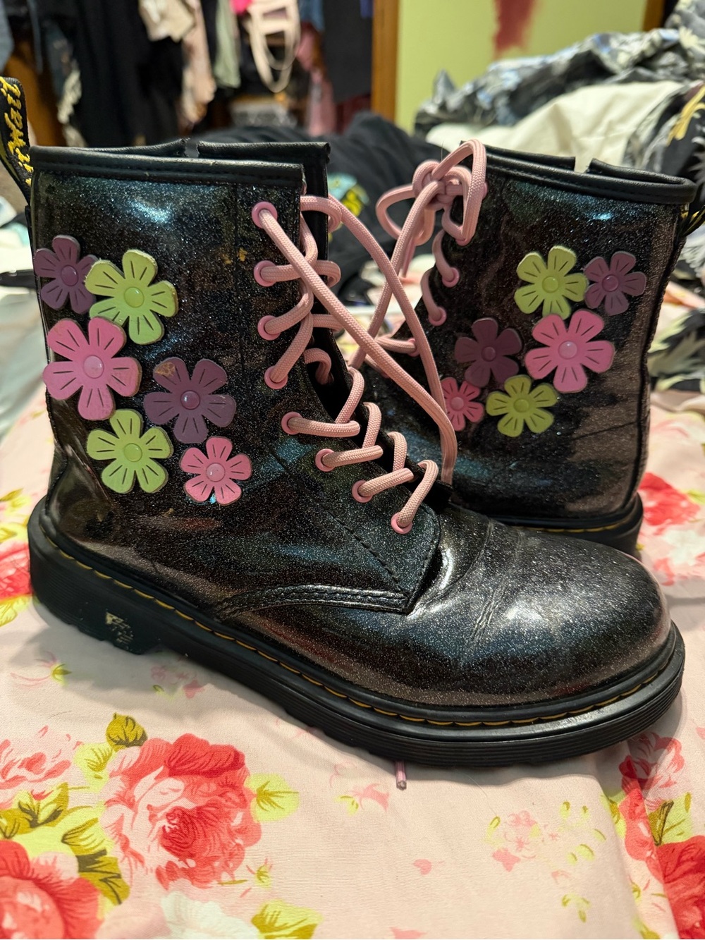 Dr. Martens Black Glitter Lace-Up Boots with Pink & Lime Flower Appliqués